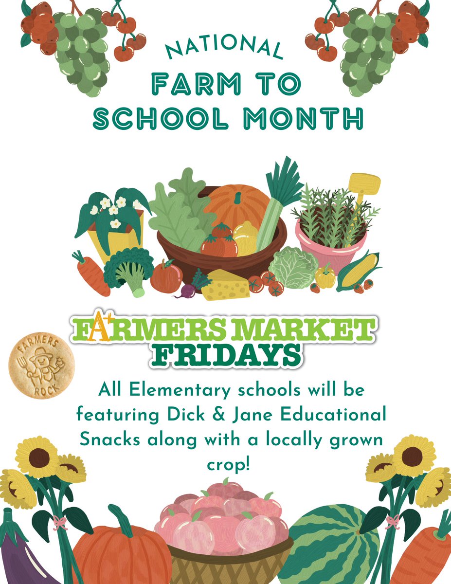 NutritionSusd's tweet photo. National Farm to School Month is here!!! We are excited to team up with Dick &amp; Jane Educational Snacks to feature Farmers Market Fridays. Check us out for fresh, local produce from Urban Roots Farms and Martori Farms! Support local and taste the difference 😋🥬🍉 https://t.co/NHFsrkUJs3