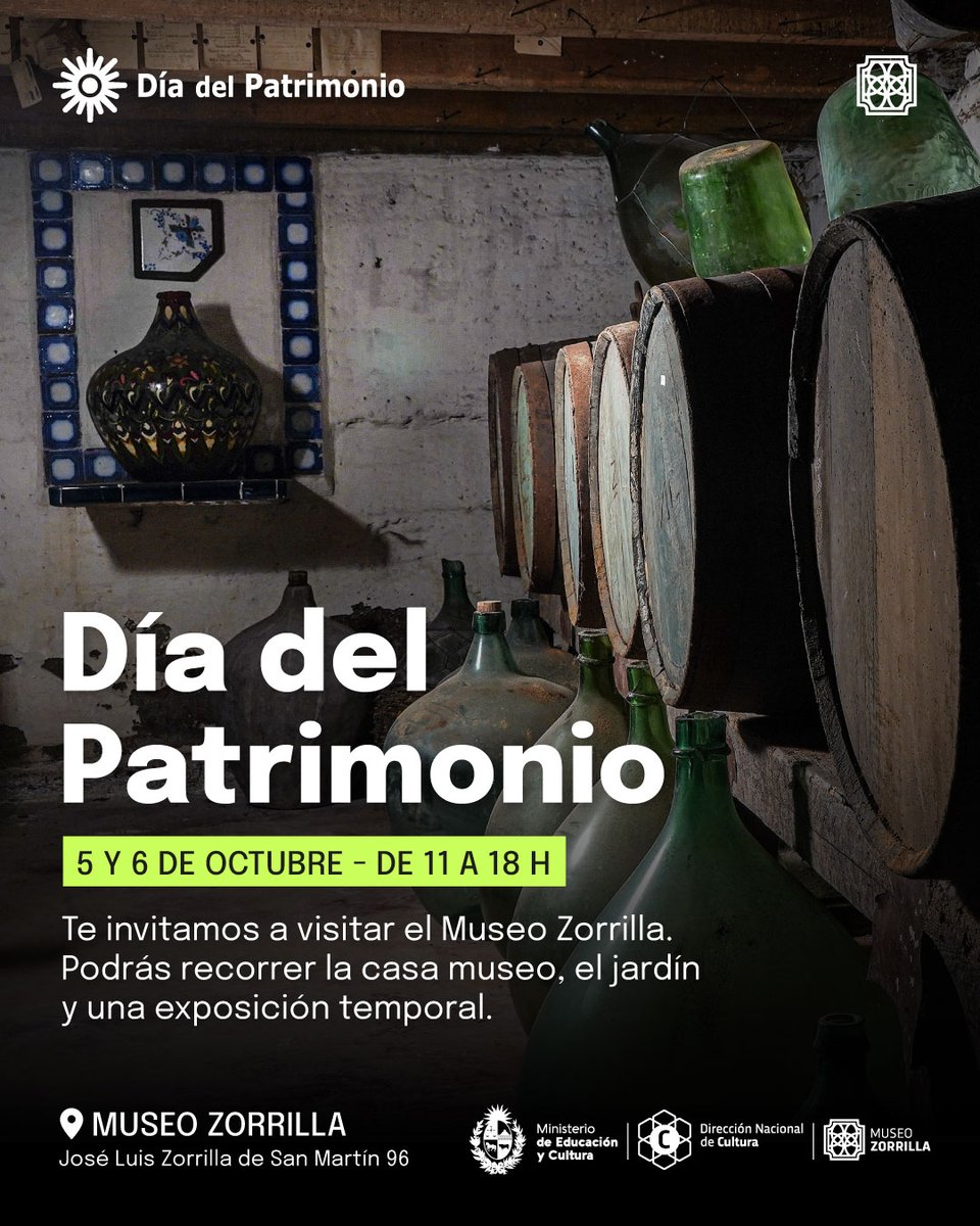 El 5 y 6 de octubre de 2024 se realizará una nueva edición del Día del Patrimonio, este año el lema será “El vino como tradición: inmigración, trabajo e innovación”.

📌Sábado 5 y domingo 6 de octubre entre las 11 y 18 horas. 

Museo Zorrilla
José Luis Zorrilla de San Martín 96