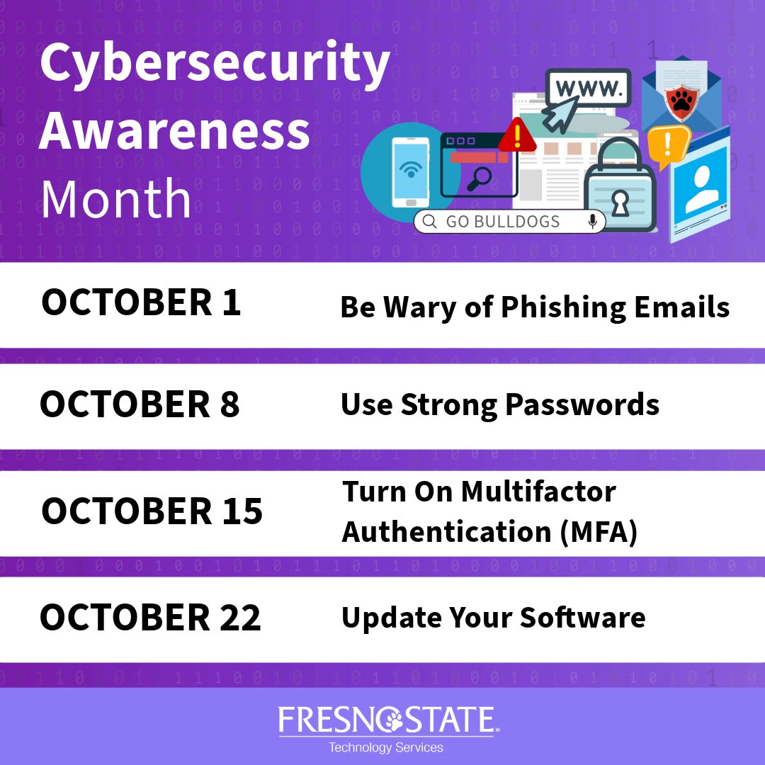 FresnoStateTech's tweet image. October is #CyberSecurityAwarenessMonth! It&apos;s time to boost your online safety skills and protect our digital world. All month long, we’ll be covering important tips to stay secure 🔐 Let’s make cybersecurity second nature and #SecureOurWorld 🌎 #FresnoStateTech #FresnoState