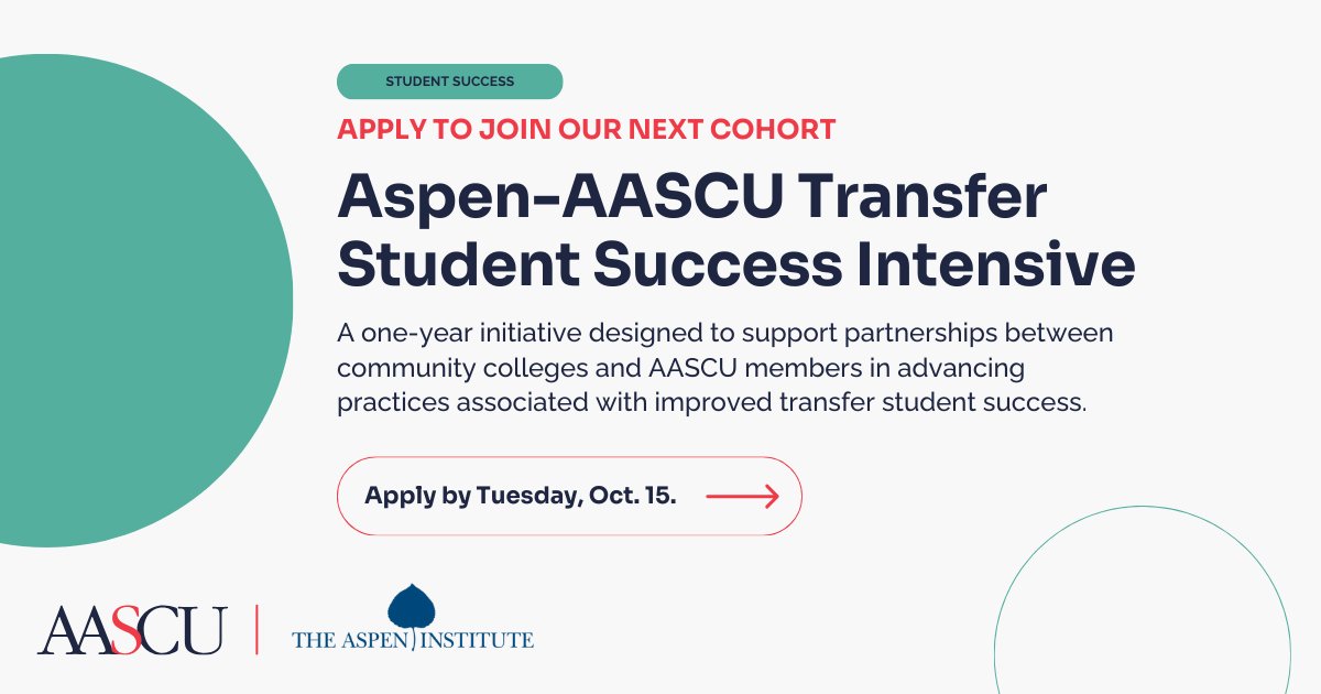AASCU's tweet photo. Apply for the @AspenHigherEd–AASCU Transfer Student Success Intensive! This initiative supports equitable transfer success through:

-12-part workshop series
-Expert consulting
-National community of practice 

🗓️ Apply by Oct. 15: https://t.co/zKXc7CtWWz 
#TransferIntensive https://t.co/aOR8QGzWOA