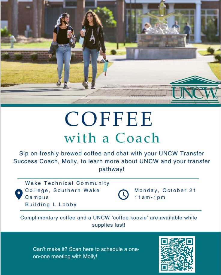 Interested in transferring to UNCW? Want to learn more about your transfer pathway? Join UNCW Transfer Success Coach Molly for "Coffee with a Coach" to learn more! 

📅Monday, Oct 21, 11am-1pm
📍Southern Campus, Bldg. L lobby