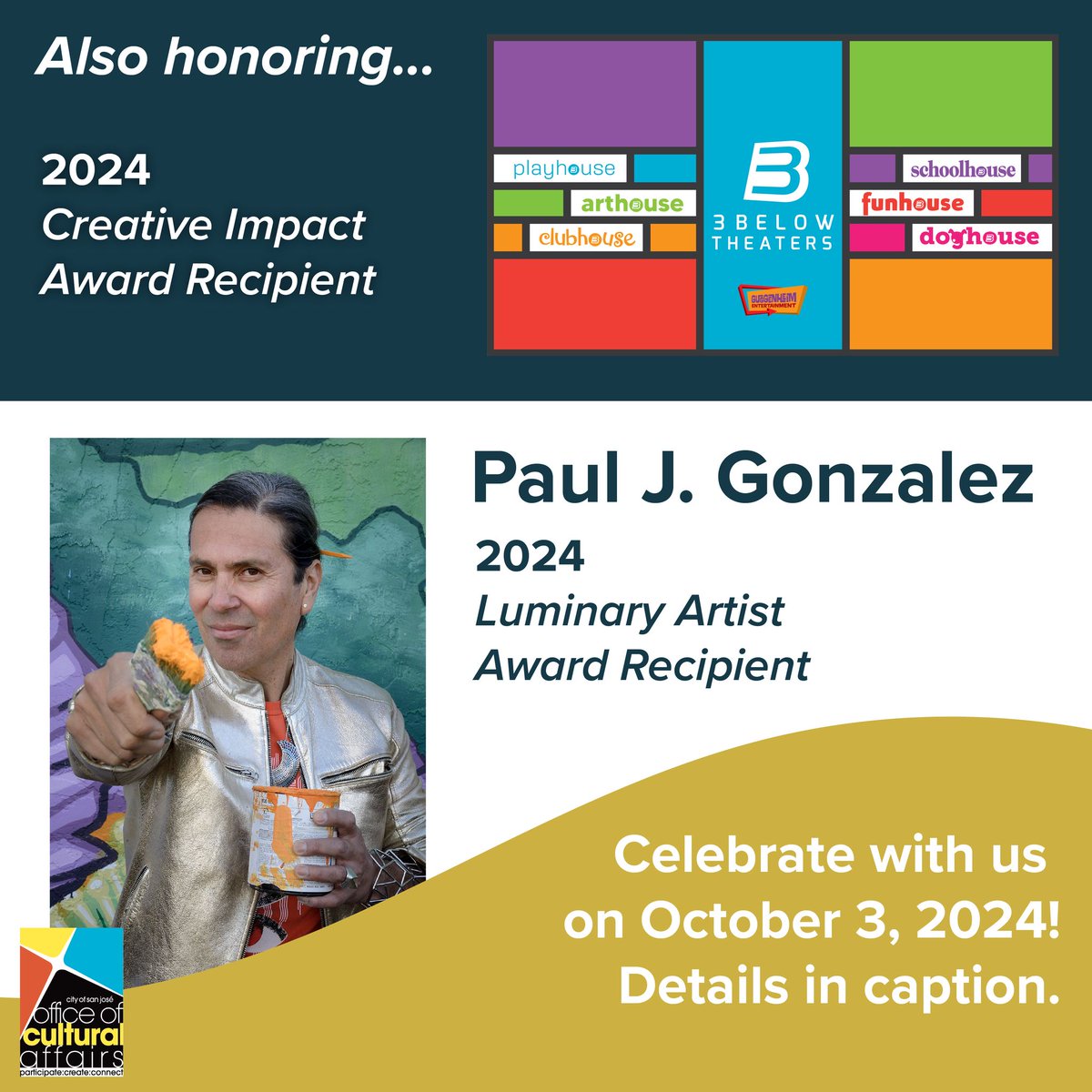 SVCreates (@sv_creates) on Twitter photo Join <a href="/sanjoseculture/">sanjoseculture</a> for the Cornerstone for the Arts Awards on Thursday at the Hammer Theatre Center. Celebrate and recognize the cultural impact of this year’s honorees: Ken Matsumoto, Rick Holden, <a href="/3BelowTheaters/">3Below Theaters</a>, and Paul J. Gonzalez. RSVP: bit.ly/4eFCKRy Join <a href="/sanjoseculture/">sanjoseculture</a> for the Cornerstone for the Arts Awards on Thursday at the Hammer Theatre Center. Celebrate and recognize the cultural impact of this year’s honorees: Ken Matsumoto, Rick Holden, <a href="/3BelowTheaters/">3Below Theaters</a>, and Paul J. Gonzalez. RSVP: bit.ly/4eFCKRy