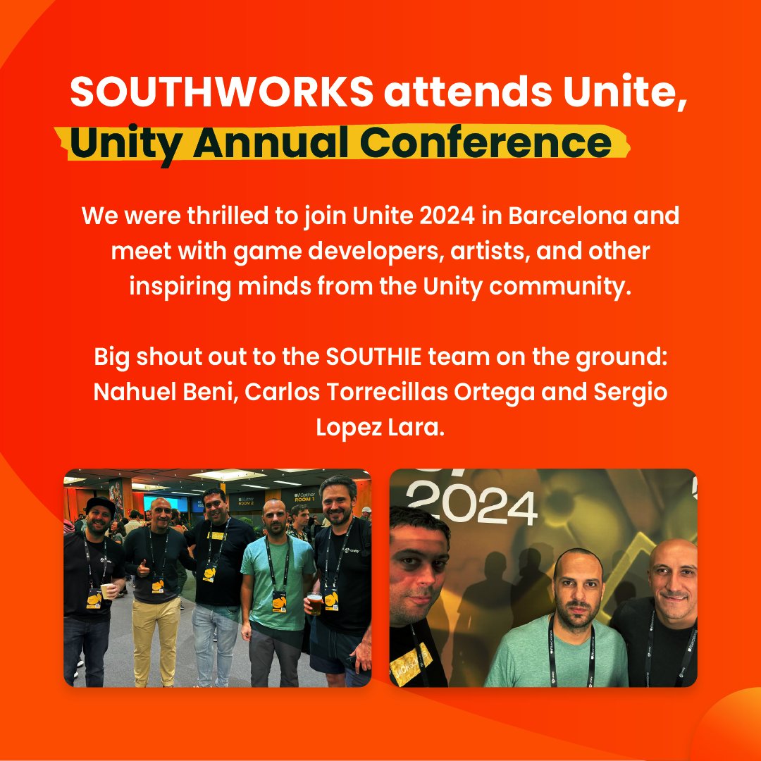 southworks's tweet image. The #SOUTHWORKS team connected with #GameDev pros at #Unite24, hearing all about the latest in gaming innovation. 🎮 Big shoutout to @nbeni , Carlos Torrecillas Ortega, and Sergio Lopez Lara!