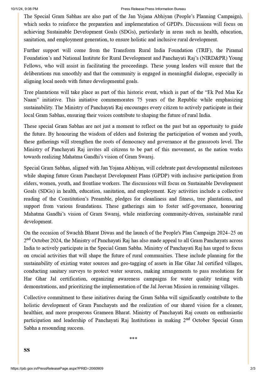 Special #GramSabhas on #GandhiJayanti to Honouring Elders, Empowering Communities, and Shaping Future Development in #GrameenBharat

Building on #MahatmaGandhi’s Vision to Achieving #GramSwaraj through People’s Participation

Details:
pib.gov.in/PressReleasePa…

#PeoplesPlanCampaign