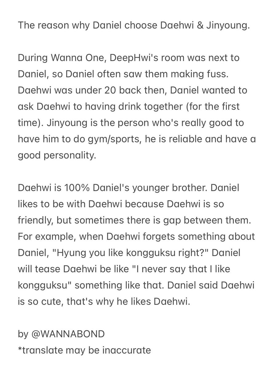 WANNABOND's tweet photo. 241001 #강다니엘 #이대휘 #배진영 

🗣️: Who (between) Wanna One members that you want for being your real younger brothers?

🍑: Daehwi, Bae Jinyoung 
(all the questions must be answered in five syllables)

#WANNABOND #WannaOne #워너원 

The reasons why Daniel choose them: https://t.co/fBt3l67rti