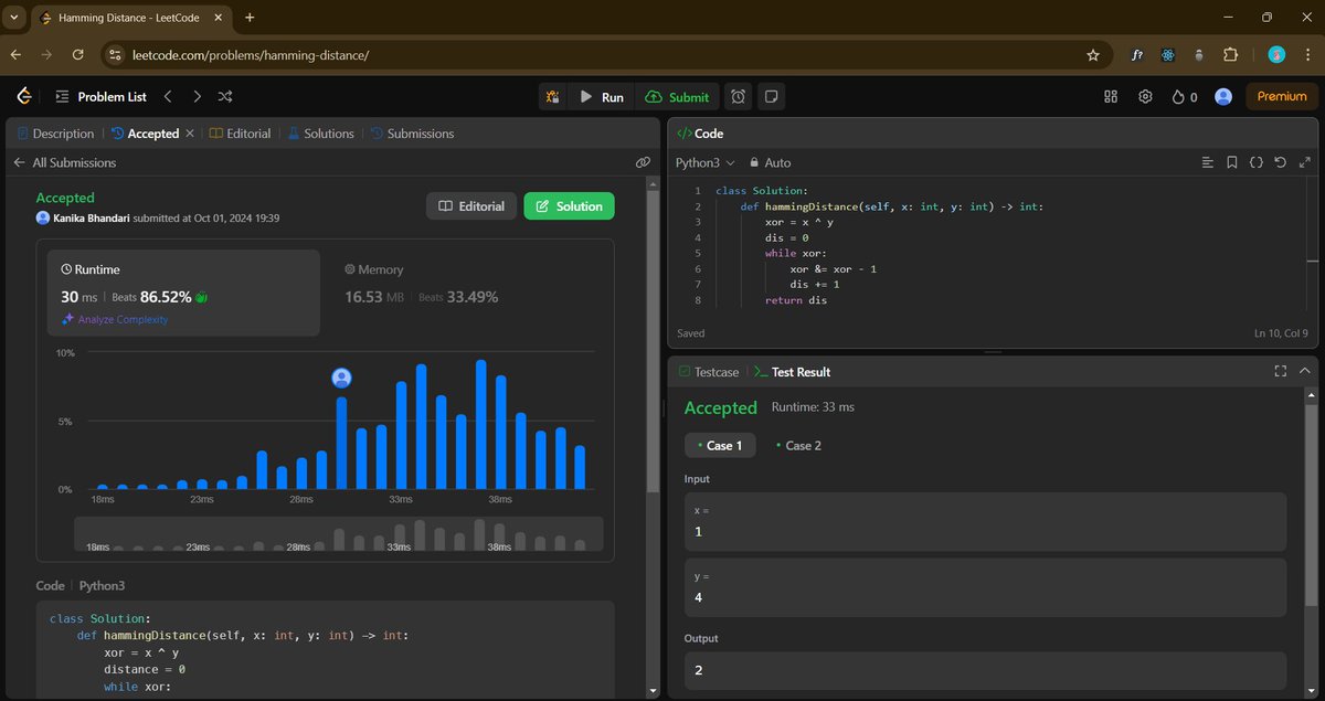 Round 3 of #100DaysOfCode  
Day-93  

Leetcode  
✔️ hamming distance