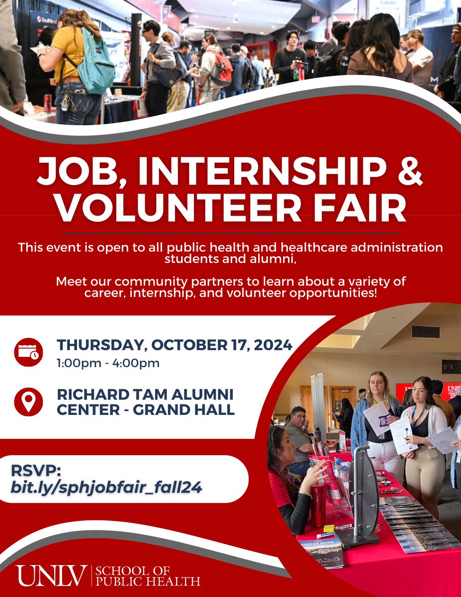 UNLV SPH students and alumni: Join us at our job, internship and volunteer fair on Thursday, October 17 to learn about all the opportunities available from our community partners! 💼 Register: bit.ly/sphjobfair_fal…