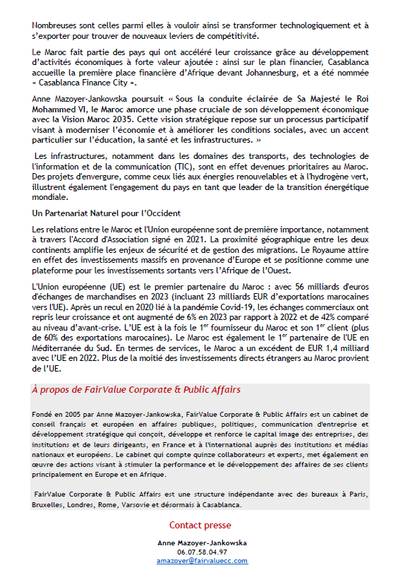 FairValue_EU's tweet photo. Communiqué de presse🗞️

@FairValue_EU annonce l'ouverture de F.V. Corporate &amp; Public Affairs Maroc à Casablanca. 🇪🇺🇲🇦 https://t.co/tz1DElDwFM