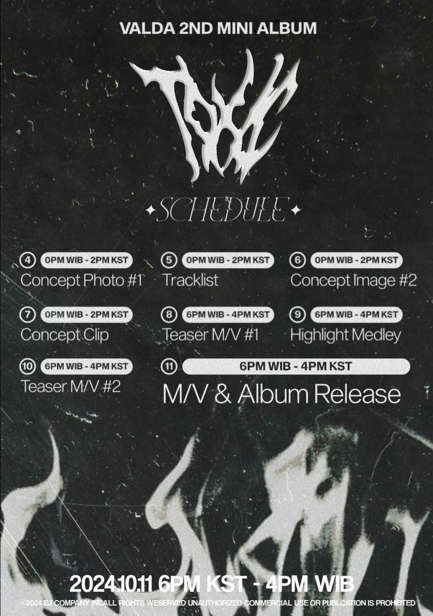 EJ_COMPANY's tweet photo. 𝗩𝗔𝗟𝗗𝗔 ≺ 발다 ≻
The 2nd Mini Album : [ⵌ𝖙𝖔𝖝𝖎𝖈] 

🗓 Schedule

⌑ 2024.10.11 (FRI)
6PM     KST
4PM     WIB

#VALDA #발다 #2ndMiniAlbum
#EJCOMPANY #FICTIONALKPOP 

____ https://t.co/T9KOMoPoFM