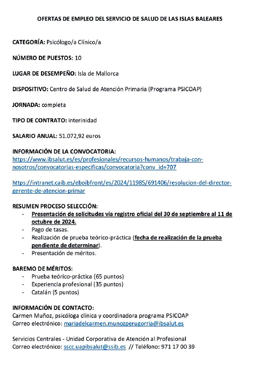 En Mallorca tenemos 10 interinidades para Especialistas en Psicología Clínica en Atención Primaria: ibsalut.es/professionals/…
