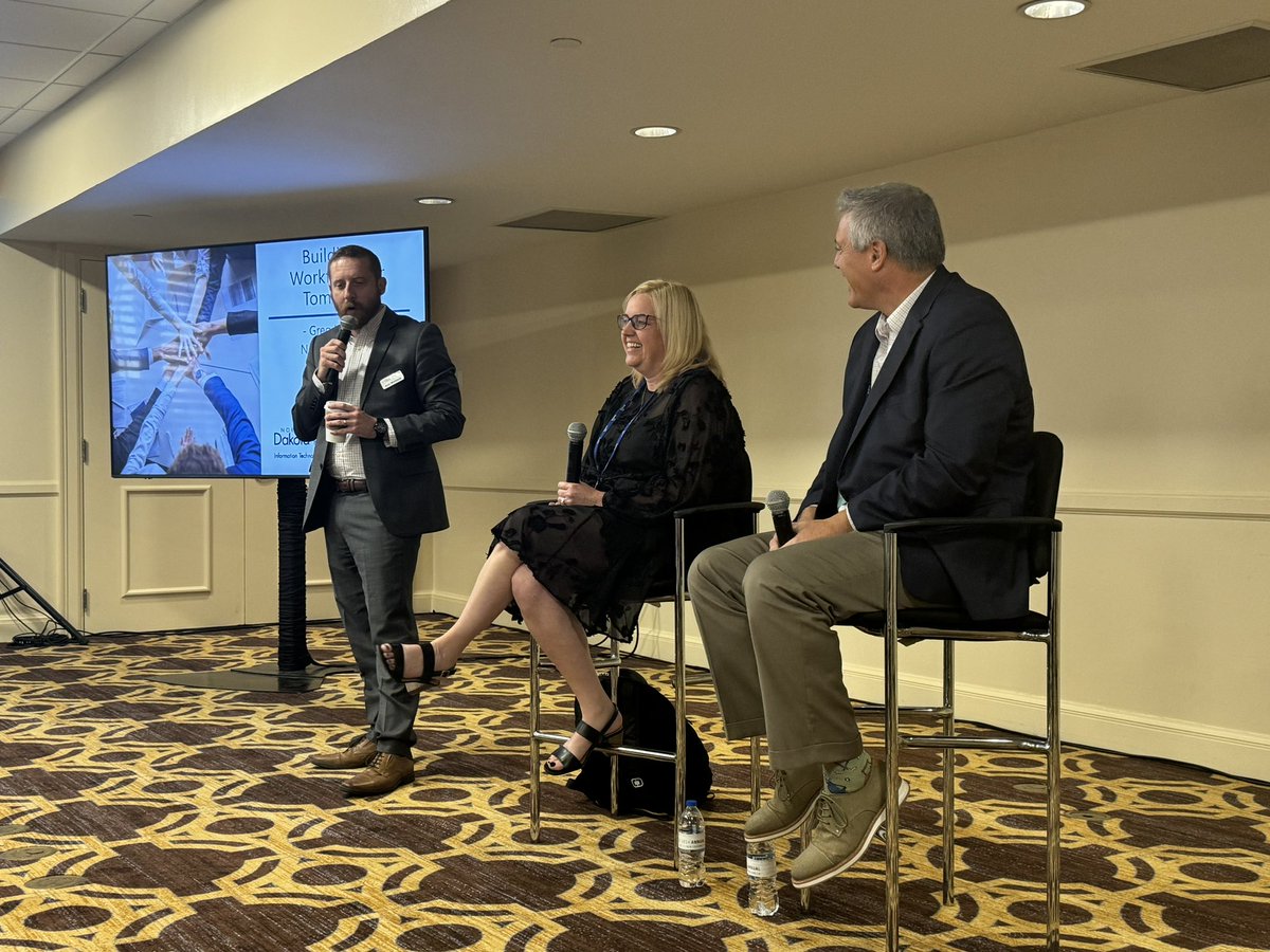 NASCIO's tweet photo. 💼 Building a strong #workplace culture in a hybrid world ain’t easy, but it’s a must! @WisconsinDOA CIO Trina Zanow &amp; @ndgovitd CIO Greg Hoffman share how their states are leading the way in retention, growth and creating places people want to work! #NASCIO24 👍🏿👍🏽👍🏻 https://t.co/ow7Scj4tkx