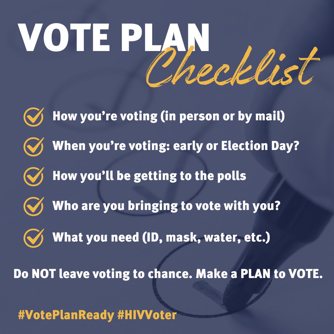 AIDSUnited's tweet photo. Want to get #VotePlanReady?🗳️ Think through:
✅How you are going to vote
✅when you will go vote
✅how you will get there and
✅who will join you.
To find more information on creating a voting plan, visit the following link: https://t.co/BlfWrH7PlX
#Election2024 #HIVVoter #AIDSUnited #AIDSUnitedElectionCenter