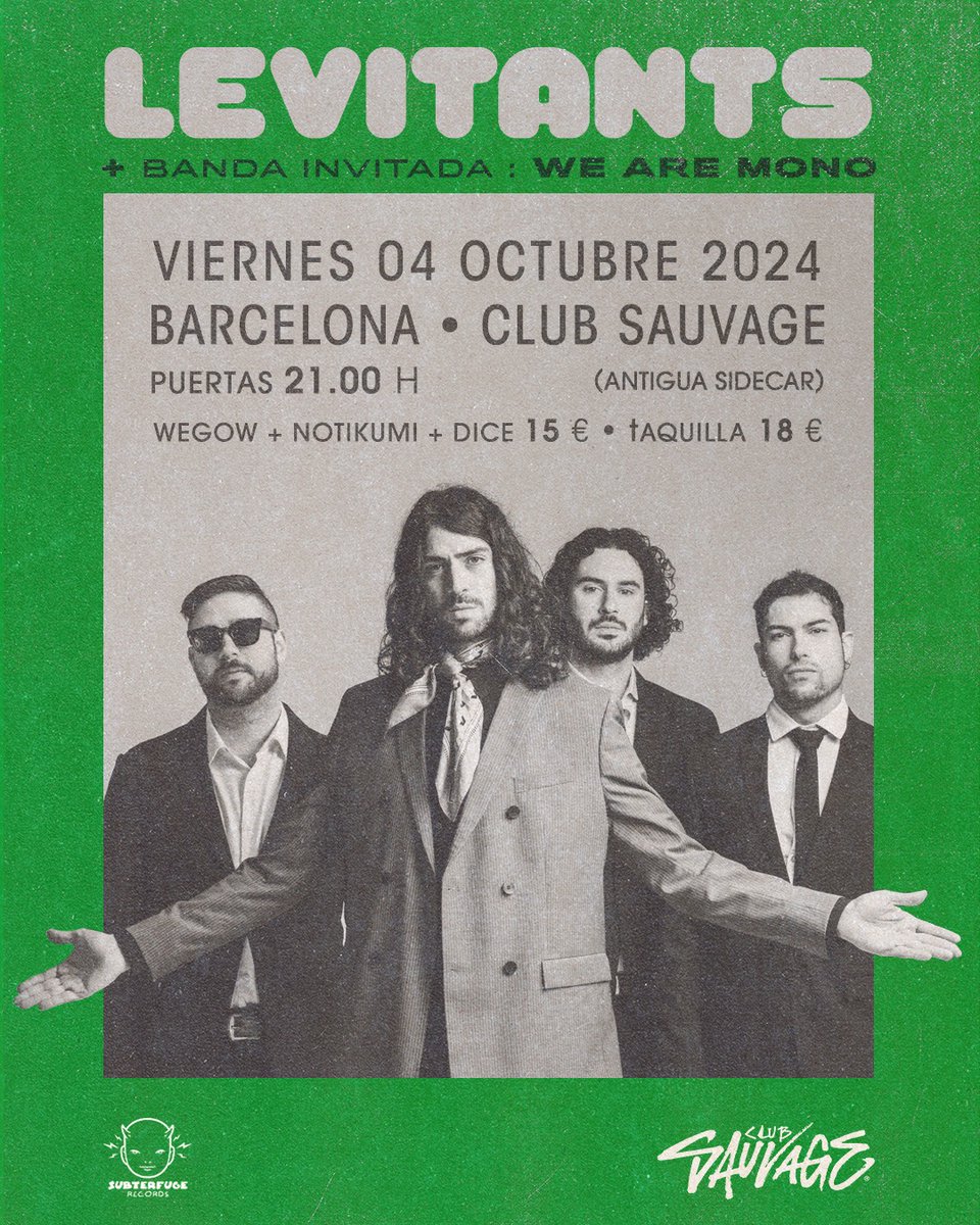 levitants (@levitants_) on Twitter photo BARCELONA 🐲 NOS VEMOS EL VIERNES JUNTO A WE ARE MONO!
🎟️🎟️🎟️🎟️wegow.com/es/conciertos/… <a href="/ClubSauvage/">Club Sauvage</a> <a href="/Subterfugerec/">Subterfuge Records</a> BARCELONA 🐲 NOS VEMOS EL VIERNES JUNTO A WE ARE MONO!
🎟️🎟️🎟️🎟️wegow.com/es/conciertos/… <a href="/ClubSauvage/">Club Sauvage</a> <a href="/Subterfugerec/">Subterfuge Records</a>