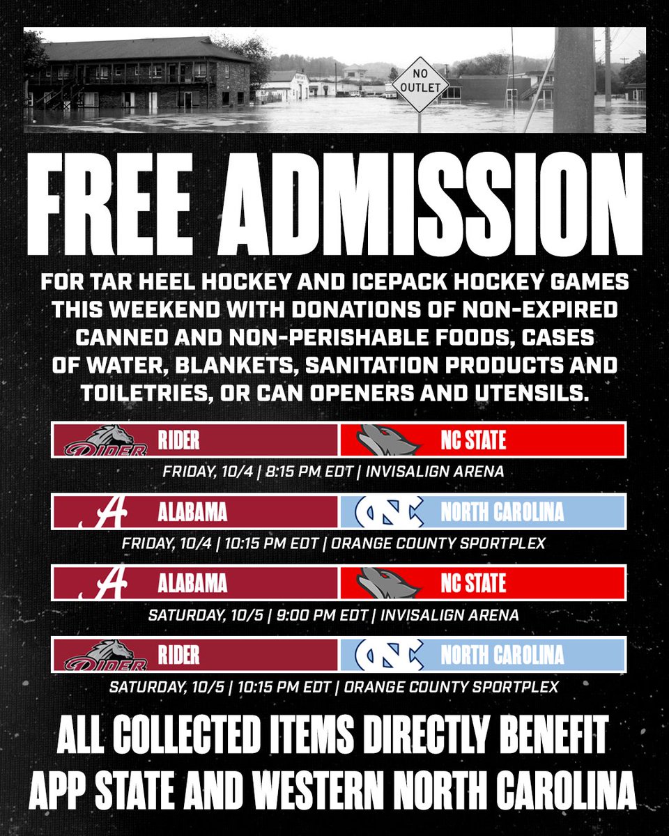 HURRICANE RELIEF DRIVE ❤️

<a href="/UNCHockey/">Carolina Hockey</a> and <a href="/NCStateHockey/">NC State Icepack</a> will be offering free admission to this weekend’s games to fans who bring in hurricane relief supplies to benefit App State and Western North Carolina.

<a href="/AppStateHockey/">App State Ice Hockey</a> players will be in attendance to help collect items