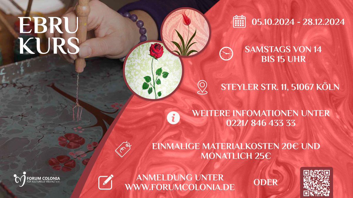 forumcolonia's tweet photo. ✨ Der langersehnte Ebru-Kurs startet am 05.10.2024! ✨

#EbruKunst #Marmorieren #EbruWorkshop #KreativKunst #TraditionelleKunst #KunstAufWasser #EinzigartigeKunst #Kunstkurs2024 #MalenMitWasser #KunstErleben #HandgemachteKunst #EbruTechnik #OsmanischeKunst https://t.co/kz8SkSSBlP