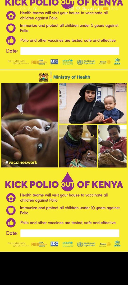 Ministry of Health Kenya, with support from UNICEF Kenya, WHO and other health partners will conduct a 5-day vaccination campaign against #polio between Wednesday 2nd to Sunday 6th October 2024💧👧🏾👦🏾#EndPolioNow #EndPolioKE #poliovaccinework