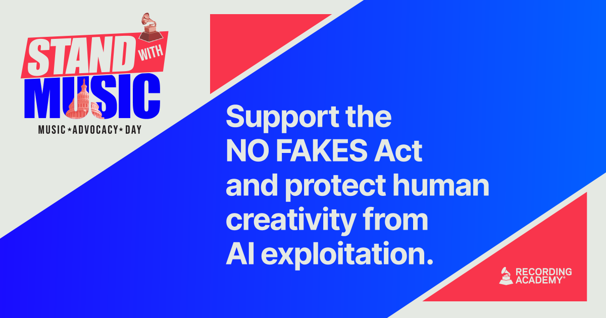 GRAMMYAdvocacy's tweet photo. Today on Music Advocacy Day, support the NO FAKES Act and help us protect artists and other individuals from having their image, voice or likeness misused by generative AI.

Join us in fighting for creators’ rights: https://t.co/Gh7FXdnN2H #MusicAdvocate https://t.co/Ge3P1pfNUB