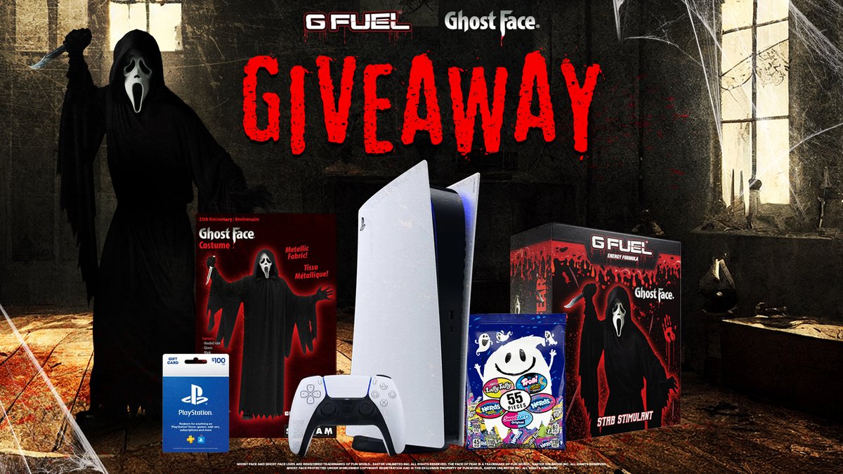 🚨 NEW #GFUEL GIVEAWAY! Take a STAB at winning some SPOOKY PRIZES including a PS5, GHOST FACE Collector’s Box &amp; MORE! 🩸🔪 PEEP THE DETAILS! 👀

🖤 𝗥𝗧 + 𝗙𝗢𝗟𝗟𝗢𝗪 + 𝗖𝗟𝗜𝗖𝗞 𝗟𝗜𝗡𝗞 𝗕𝗘𝗟𝗢𝗪 TO ENTER!

📮 𝗘𝗡𝗧𝗘𝗥: gfuel.com/blogs/giveaway…