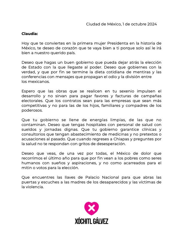 XochitlGalvez's tweet image. Carta a @Claudiashein: