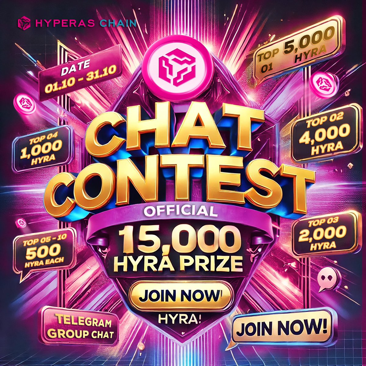 💬 Chat Contest Officially Begins! 🚨

We're thrilled to kick off the Chat Contest—let the games begin! 🎉

Here's how you can win big by staying active and chatting:

🏆 How to Win: The participant with the most messages in Telegram Group Chat! t.me/hyperaschaingr…

💰