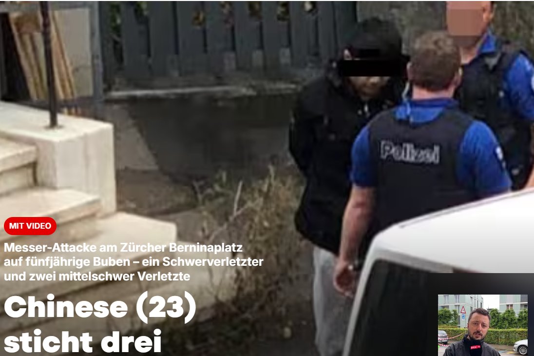 YveK22's tweet photo. Dieser Mann, angeblich ein 23 Jahre alter Chinese hat vorhin in einem Hort in der Berninastrasse in Zürich Kinder mit einem Messer angegriffen.
Ein fünfjähriger Junge wurde dabei schwerverletzt, zwei weitere Jungen, ebenfalls 5 Jahre alt wurden mittelschwer verletzt.
Zum Motiv sei noch nichts bekannt.
In derselben Straße befindet sich auch das Migrationsamt von Zürich.