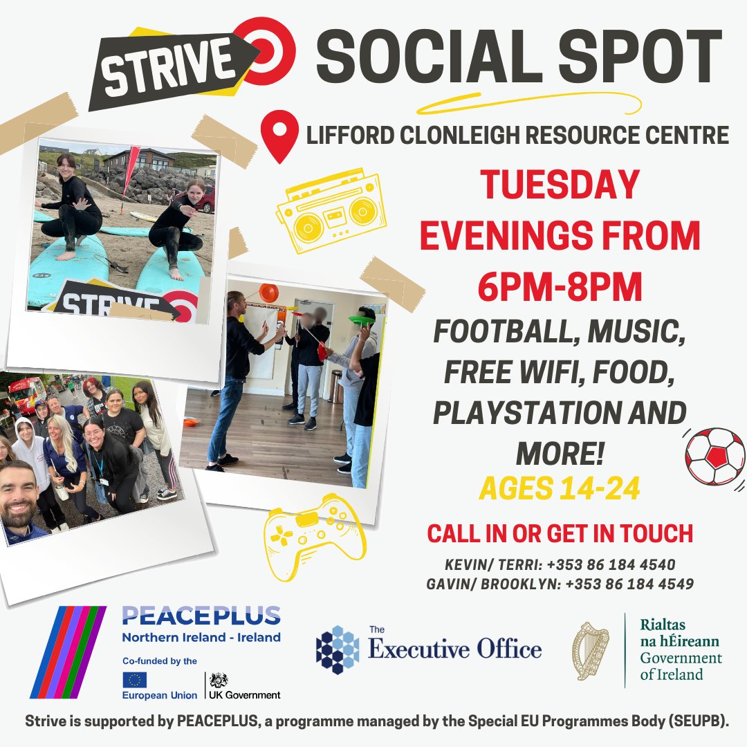Strive Programme (@striveprogramme) on Twitter photo Include Youth's Strive Social Spot is every Tuesday evening from 6pm-8pm at Lifford Clonleigh Resource Centre! 🎯
There's something for everyone-call in or get in touch for more information! ⚽🎵🍕
#StriveProgramme #PEACEPLUS #Lifford
<a href="/IncludeYouth/">Include Youth</a> Include Youth's Strive Social Spot is every Tuesday evening from 6pm-8pm at Lifford Clonleigh Resource Centre! 🎯
There's something for everyone-call in or get in touch for more information! ⚽🎵🍕
#StriveProgramme #PEACEPLUS #Lifford
<a href="/IncludeYouth/">Include Youth</a>