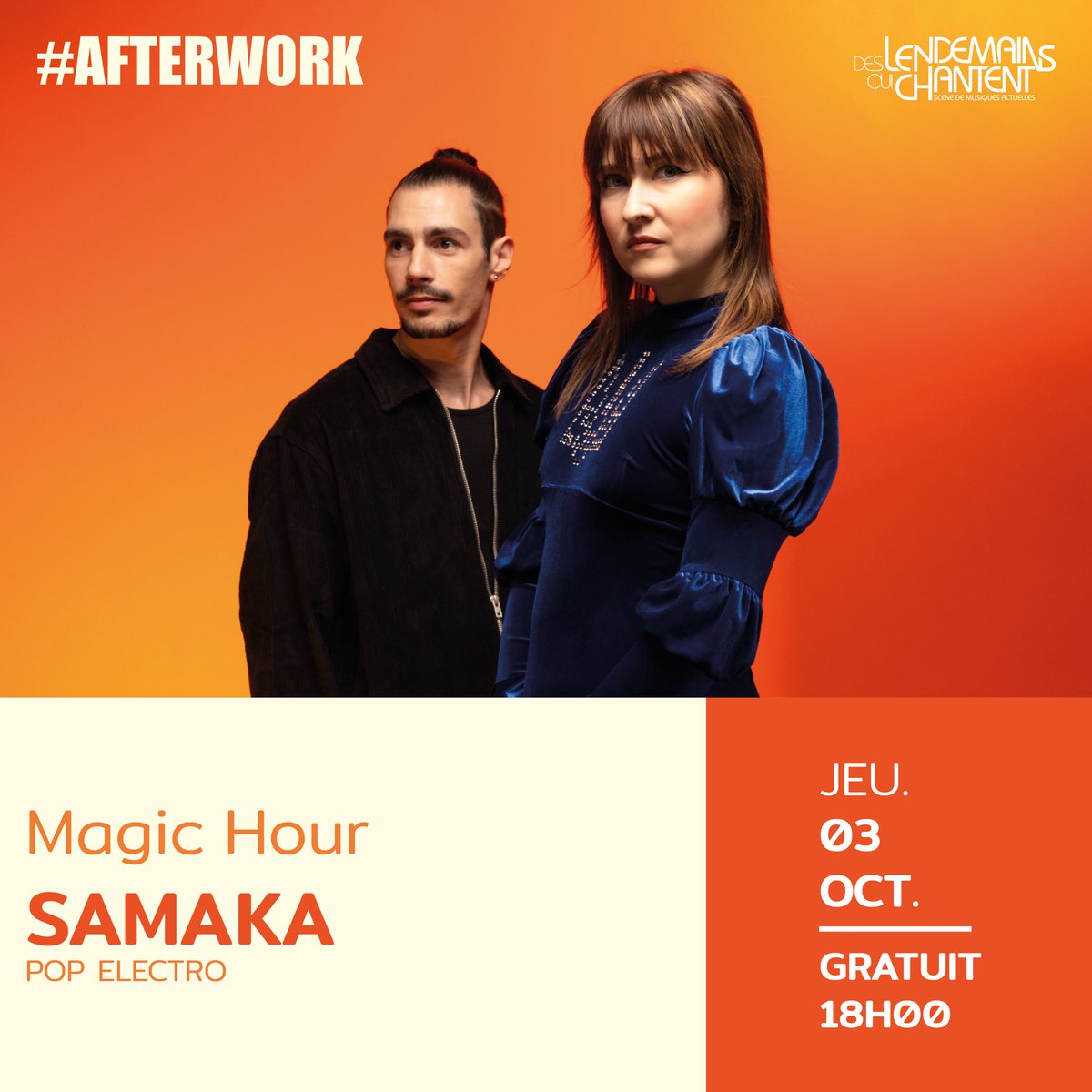 ✨ SAMAKA ✨
JEU. 03 OCT. - 18H00 - CONCERT GRATUIT
📍 Des Lendemains Qui Chantent - Avenue du Lieutenant Colonel Faro, 19000 Tulle

SAMAKA
- Pop electro -