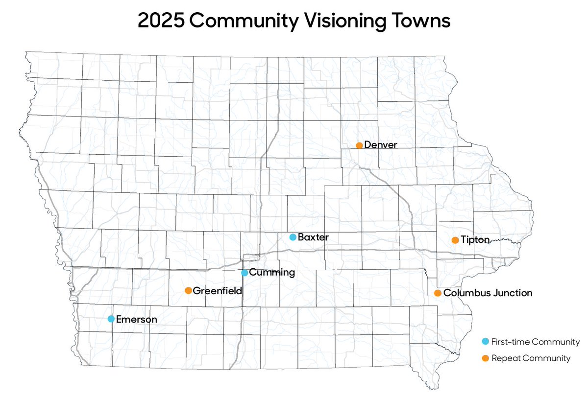 CommunityVisio2's tweet image. Congratulations to the 2025 Community Visioning towns: Baxter, Columbus Junction, Cumming, Denver, Emerson, Greenfield, and Tipton! #CommunityVisioning2025 #IowasLivingRoadways #EmpowerPositiveChange @ISUExtensionCED @Trees_Forever @iowadot