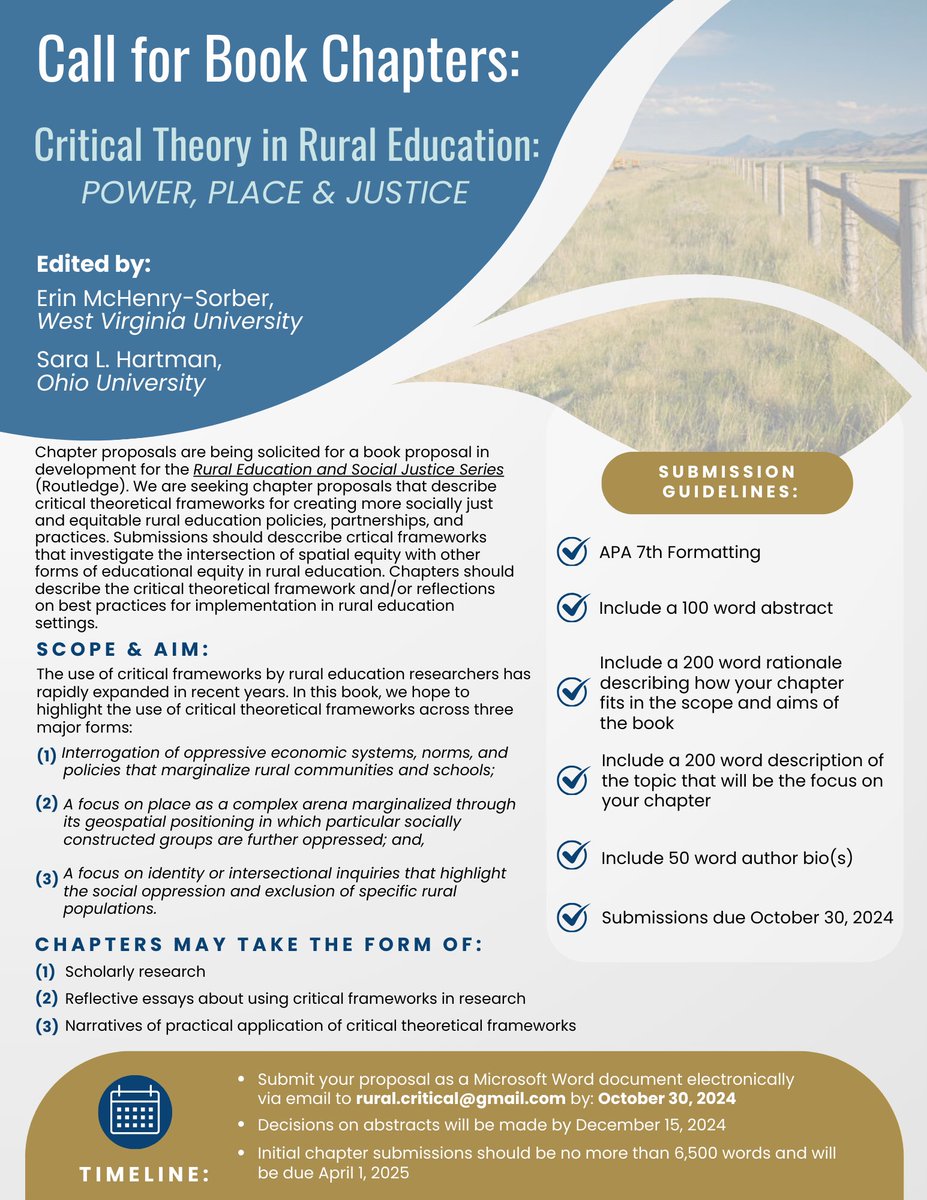 Manuscript proposals are currently being solicited for the next book of the Rural Education and  Social Justice Series (Routledge). Proposals are due by October 30. Learn More: nrea.net/call-for-book-…
