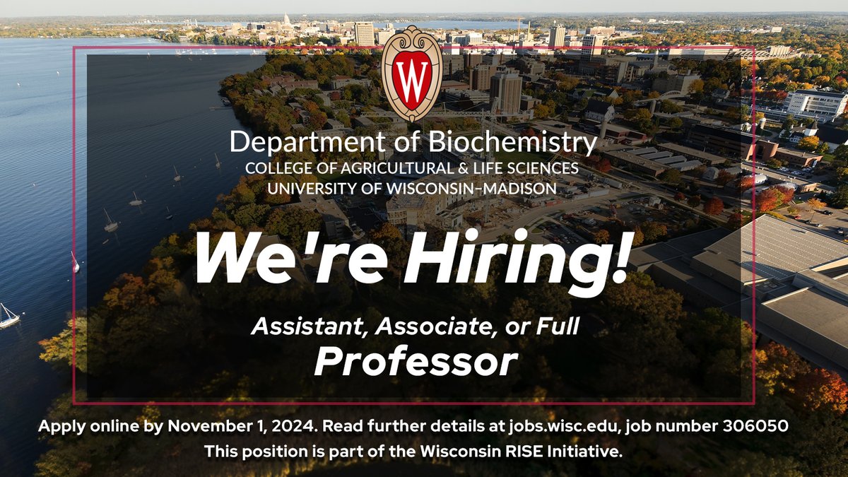 We're #hiring! Join <a href="/UWBiochem/">UW–Madison Biochem</a> as a Professor (open rank). Candidates with a strong interest in advancing our understanding of molecular mechanisms that govern the healthspan are invited to apply: go.wisc.edu/biochem-facult…. This position is part of the Wisconsin RISE Initiative.