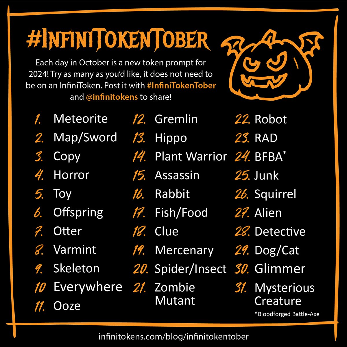 InfiniTokens's tweet photo. It's that time of year again: #InfiniTokentober! Anyone can join the fun. Each day of October is a different token prompt to draw in any way you want. ALL skill levels are welcome.

Tag #InfiniTokentober and @infinitokens to share!

Link below for details ⬇️ https://t.co/IxIgRGloxf
