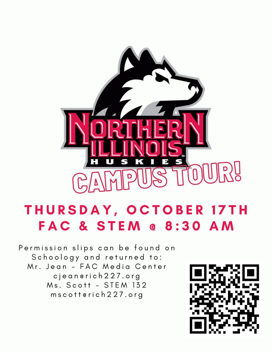 RaptorScholars's tweet photo. Then....we will be headed to Northern Illinois University! Be sure to grab and return your permission slips to your campus College and Career Advisor before Monday, October 7th! Open to Juniors and Seniors and you must have a minimum of a 2.5 cumulative GPA! https://t.co/MxHzCUaQFO