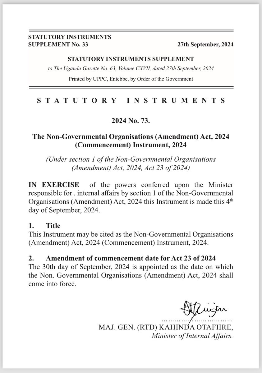 Update: The Non-Governmental Organisations (Amendment) Act, 2024 is now in force. 

The <a href="/NGObureau/">National Bureau for NGOs</a>, as a distinct legal entity, has been dissolved. The Bureau is now a department under the <a href="/mia_uga/">Ministry of Internal Affairs Uganda</a> under the leadership of a Secretary. 

For more: shorturl.at/oLZCS #Uganda
