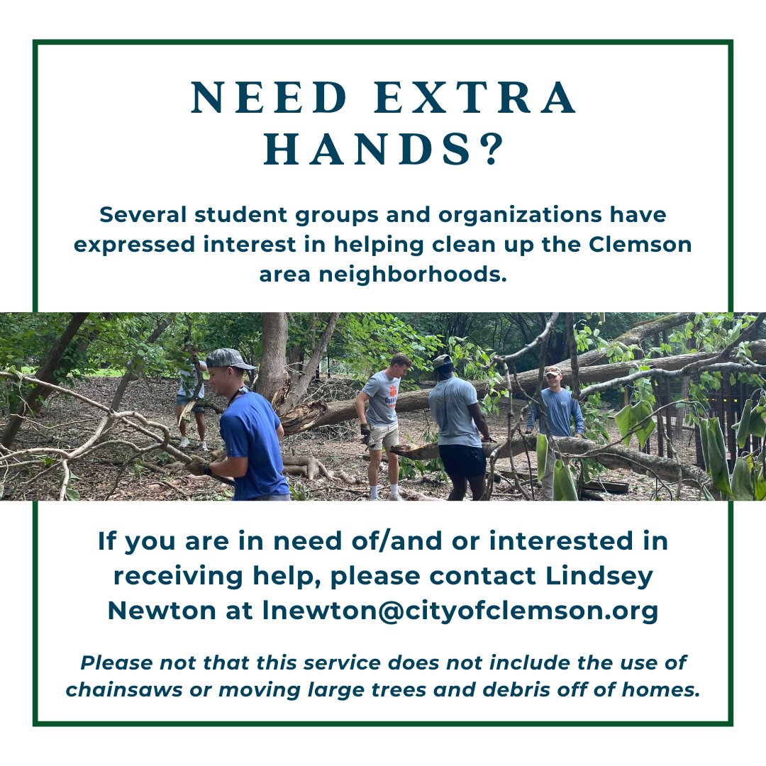 CityofClemson's tweet photo. Several student groups & orgs want to help with Clemson area (Central, Clemson, Pendleton) clean-up! Need/want yard cleanup or item removal? Contact Lindsey Newton at lnewton@cityofclemson.org. Incl name, address, request in email. #ClemsonStrong (279 characters) https://t.co/nWb4PBUq51