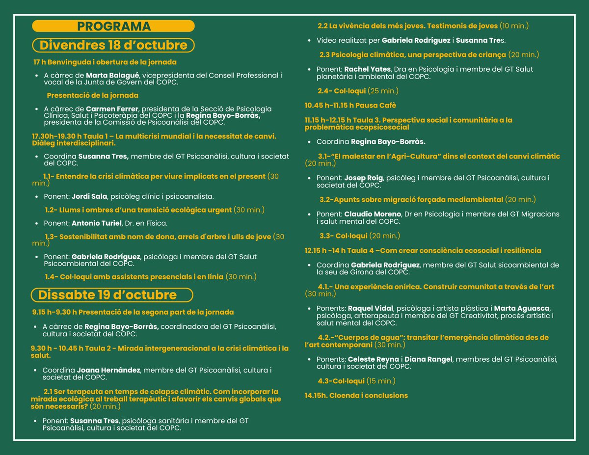 🔵Inscripcions obertes per la jornada 'L'emergència climàtica. Com ens situem des de la psicologia'? 

📌4 taules rodones a càrrec de diferents professionals de la psicologia.

Pots inscriure-t'hi fins l'11/10.

🗓️18 i 19 d'octubre
🕐17 h
💻📍Híbrid

copc.cat/blog/copc-2/in…