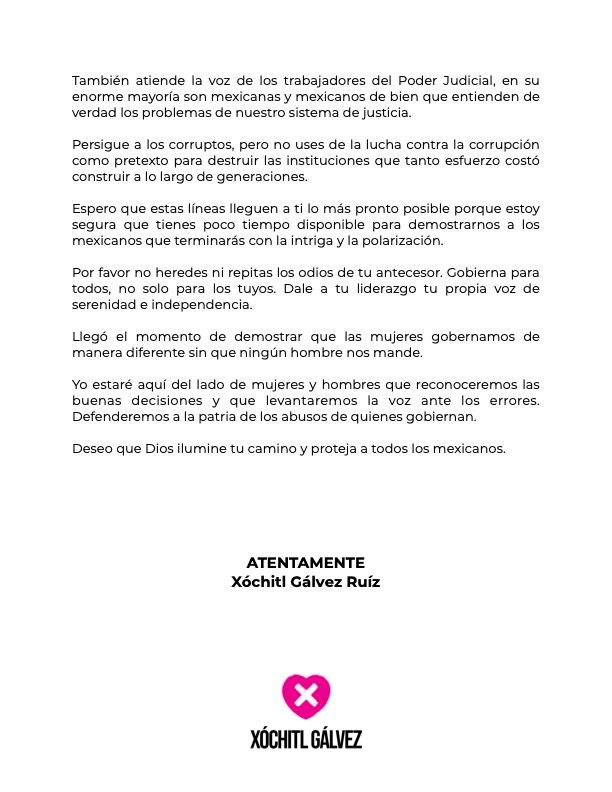 lopezdoriga's tweet photo. Carta de Xóchitl Gálvez a Claudia Sheinbaum

“Deseo que hagas un buen gobierno” https://t.co/S651hInpX2