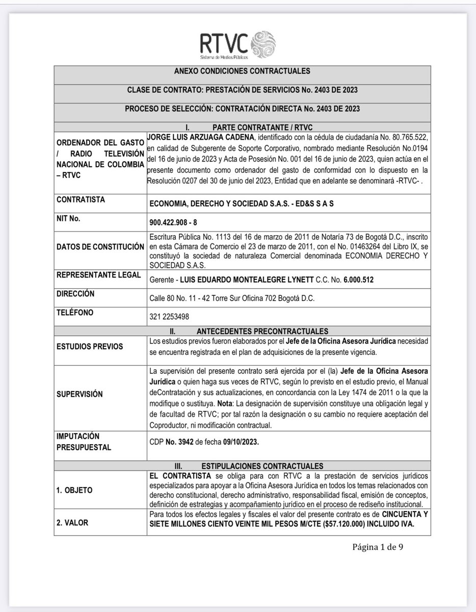 Danielbricen's tweet photo. El señor Eduardo Montealegre Lynett quien ahora de dedica a denunciar a la oposición ha recibido contratos por $842.766.000 por parte del gobierno Petro por intermedio de su empresa Economía Derecho y Sociedad SAS en entidades como RTVC, ICFES y POSITIVA. https://t.co/LPXlJwFeKc