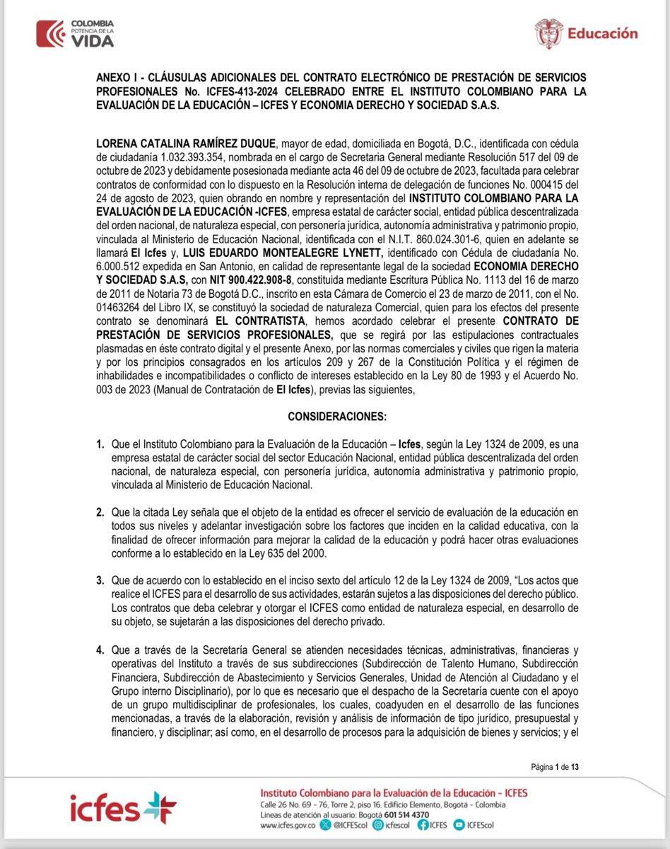 Danielbricen's tweet photo. El señor Eduardo Montealegre Lynett quien ahora de dedica a denunciar a la oposición ha recibido contratos por $842.766.000 por parte del gobierno Petro por intermedio de su empresa Economía Derecho y Sociedad SAS en entidades como RTVC, ICFES y POSITIVA. https://t.co/LPXlJwFeKc