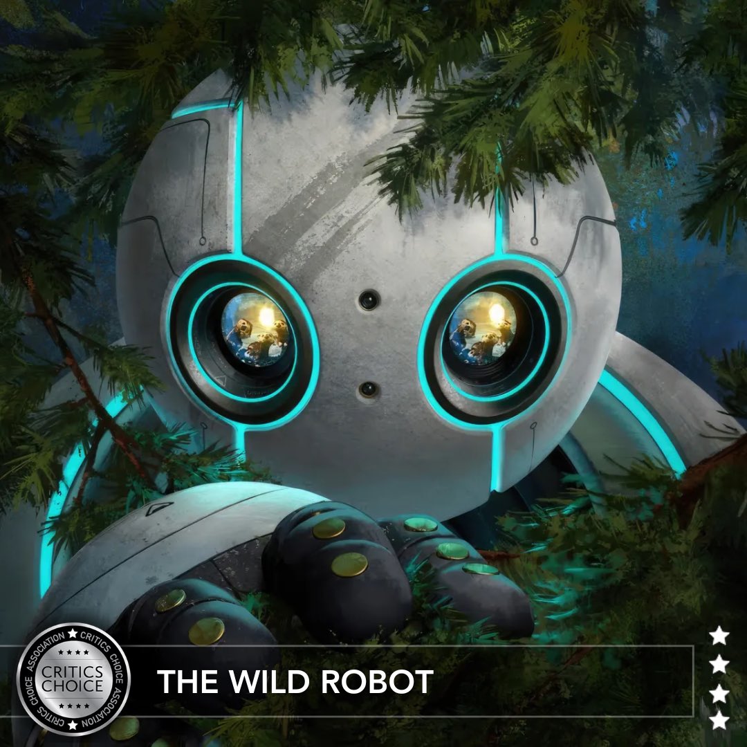 Congratulations to “The Wild Robot!” 
The animated film has earned the Critics Choice Seal of Distinction! ⭐️⭐️⭐️⭐️

Based on the book series by Peter Brown, #TheWildRobot stars the voices of Lupita Nyong’o, Pedro Pascal, Kit Connor, Bill Nighy, Stephanie Hsu, Mark Hamill, and