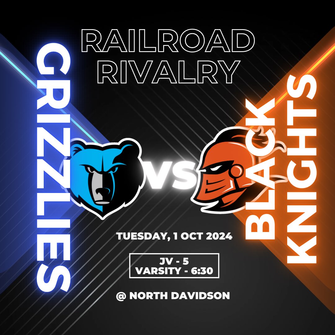 OGHSoccer's tweet photo. The Railroad Rivalry is renewed tonight as your Grizzlies take on the Black Knights across the railroad! Come out and support your Grizzlies!

🆚 North Davidson Black Knights
⏰ JV at 5pm, Varsity at 6:30pm
🏟️ North Davidson High School

#BeOG #BearDown https://t.co/vdBAqvkGAm