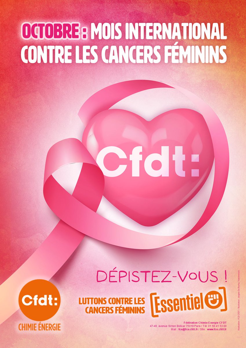 FCE_CFDT's tweet photo. Octobre : mois international contre les cancers féminins Dépister vous !https://t.co/gtNNspHdOB @CFDT @CfdtElles @fcegroupejeunes #octobrerose2024 #Cancer https://t.co/peJKOWU3P8