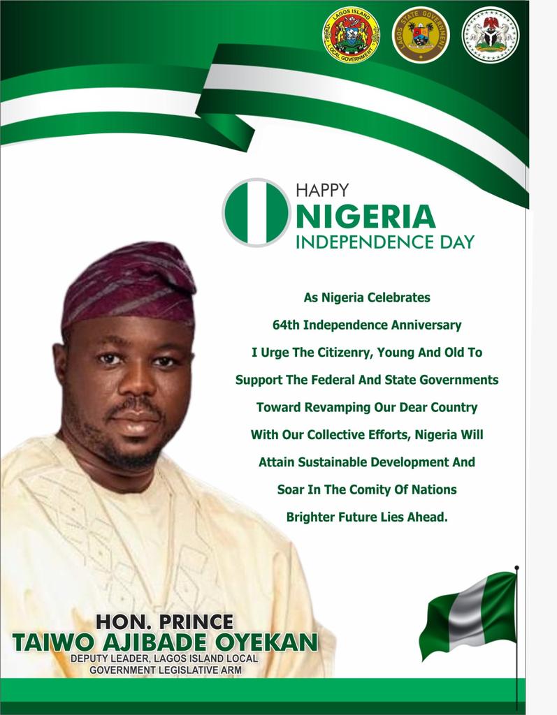 kao_foundation's tweet photo. As Nigeria Celebrates 64th Independence Anniversary
I Urge The Citizenry, Young And Old To
Support The Federal And State Governments Toward Revamping Our Dear Country 

With Our Collective Efforts, Nigeria Will Attain Sustainable Development And Soar In The Comity Of Nations.
PTO https://t.co/smjEJzkFNT