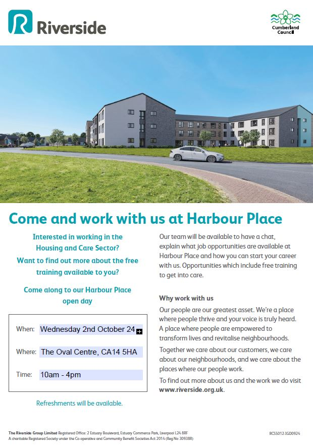 Fancy working at <a href="/RiversideUK/">Riverside Group</a>  new care &amp; support scheme Harbour Place? Join us at the Oval Centre to find out more information.