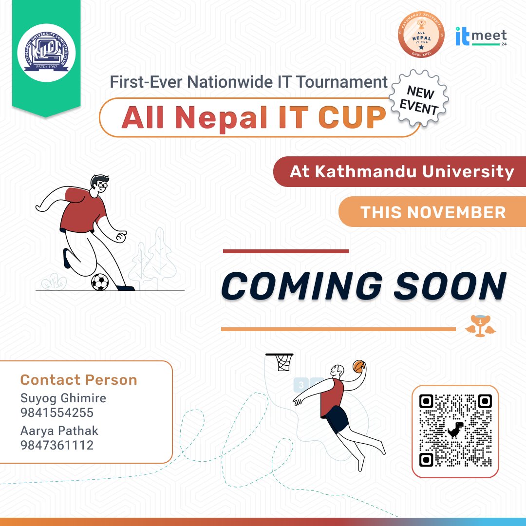 allnepalitcup's tweet image. 🏆 We are coming to take over tech with sports! 🏆
Join us this November at Kathmandu University for an epic event that brings together sports and technology enthusiasts from across the country. Stay tuned for more details!
#AllNepalITCup #itmeet24 #kathmanduuniversity