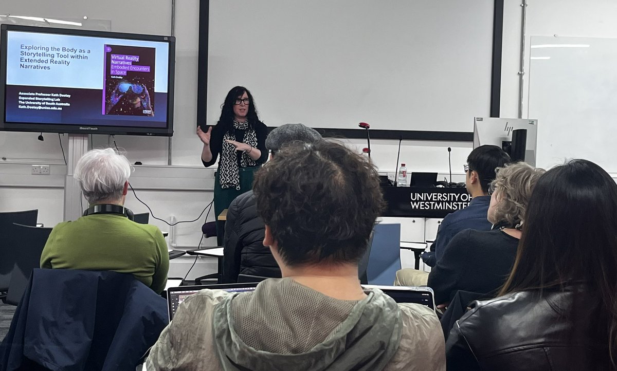 Professor Lucy Brown (@lucyaabrown) on Twitter photo Great to host Kath Dooley Associate Professor <a href="/UniversitySA/">UniSA</a> ‘Exploring the Body as a Storytelling Tool within Extended Reality Narratives’ <a href="/UniWestminster/">University of Westminster</a> <a href="/UoW_CAMRI/">CAMRI Media Research</a> <a href="/tgpb85/">Toby Bennett</a> #VR #XR #AR #MR Great to host Kath Dooley Associate Professor <a href="/UniversitySA/">UniSA</a> ‘Exploring the Body as a Storytelling Tool within Extended Reality Narratives’ <a href="/UniWestminster/">University of Westminster</a> <a href="/UoW_CAMRI/">CAMRI Media Research</a> <a href="/tgpb85/">Toby Bennett</a> #VR #XR #AR #MR