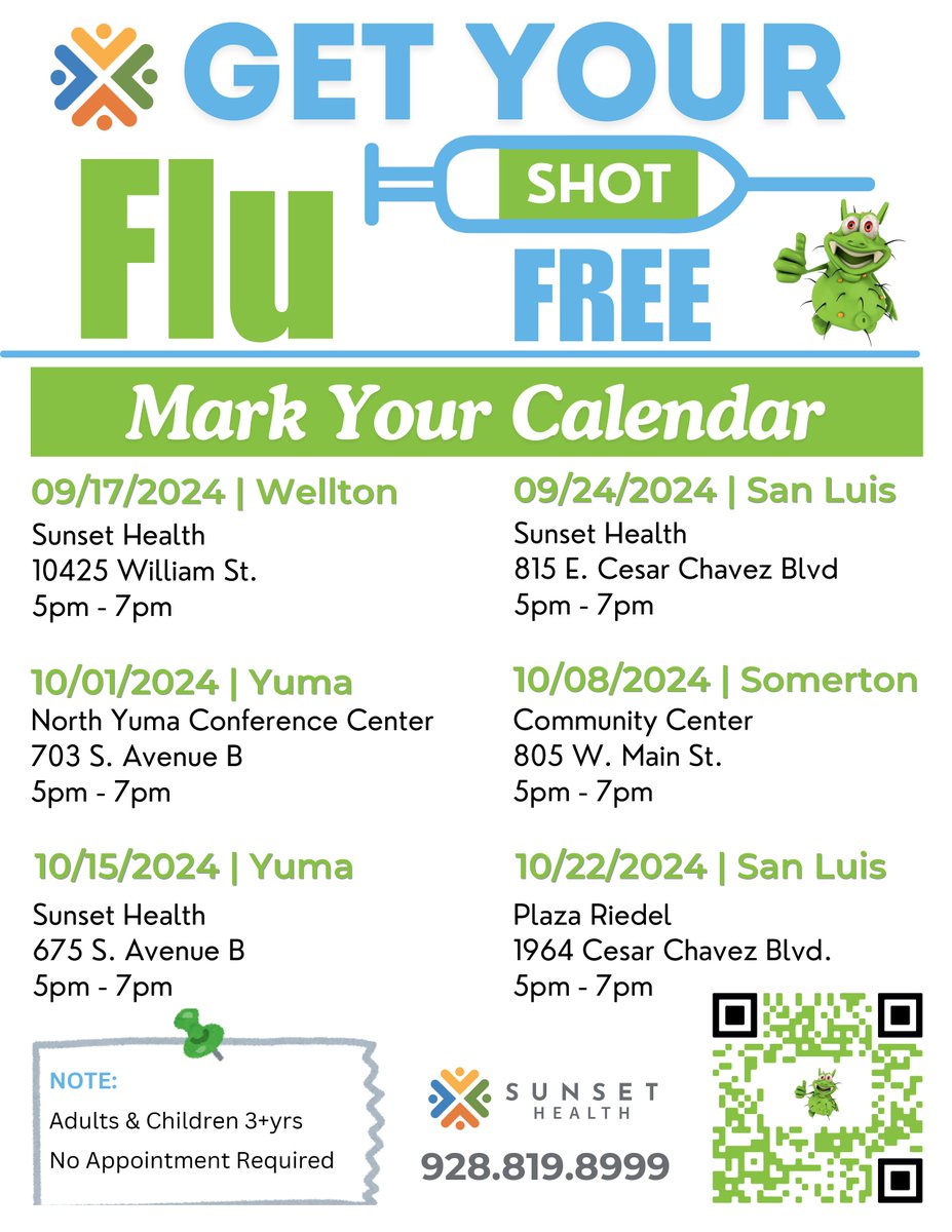 MySunsetHealth's tweet photo. It’s not too late to get your family’s flu vaccinations! Sunset Health is offering free flu shot clinics for adults and children 3+! Check out the flyer to find the event closest to you!  #freeflushots #bilingual #sunsethealth #somerton #sanluis #yuma #wellton https://t.co/SGkI7vytDY