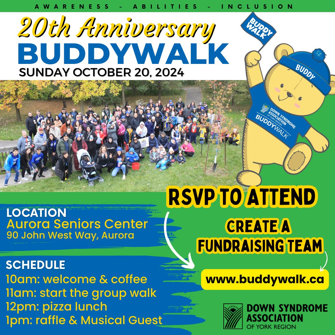 Join us as we celebrate the 20th Anniversary of the Annual DSAYR BUDDYWALK.
Visit buddywalk.ca for all details, to RSVP and to CREATE your fundraising Team!
See you there!