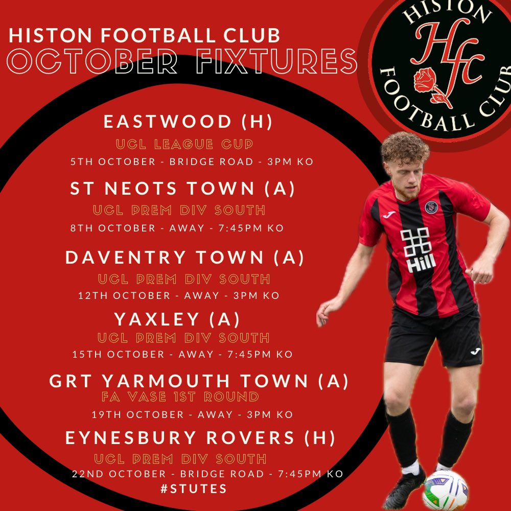 Coming up in October. 🔜

Just the 2 outings at home this month, plenty of time on the road for the boys 🚌 

We’d love your support. 🔴⚫️ #stutes