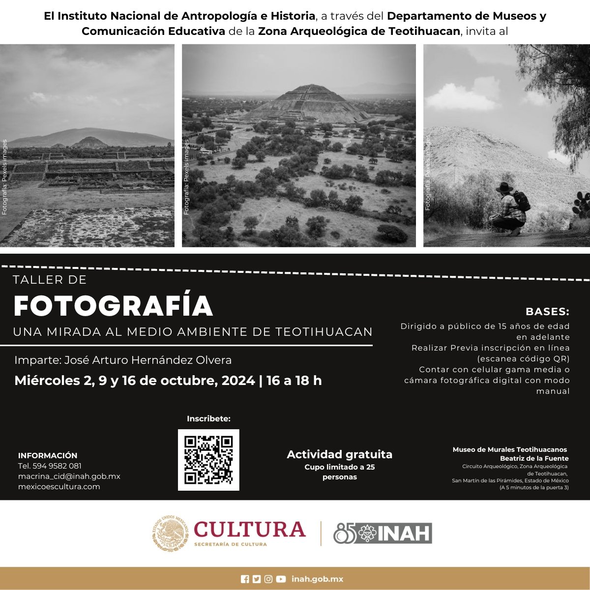 INAHmx's tweet photo. Taller de fotografía 📸✨
Una mirada al medio ambiente de Teotihuacan

Actividad dirigida a público de 15 años en adelante, los días 2, 9 y 16 de octubre, de 16 a 18 h.

Museo de Murales Teotihuacanos
"Beatriz de la Fuente"
📍 San Martín de las Pirámides, #Edomex

Escanea el QR: https://t.co/kUjWWBe6lS