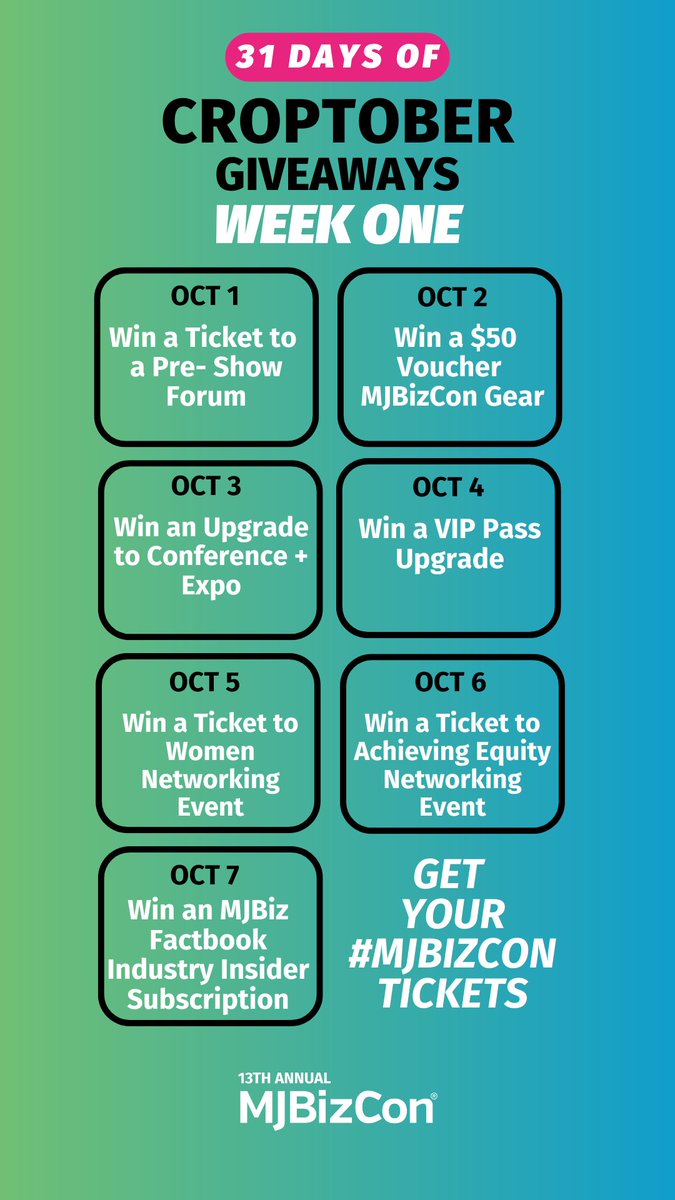 MJBizDaily's tweet image. It&apos;s officially the start of #Croptober 🎃 and we can&apos;t wait to kick off our #MJBizCon daily giveaways dedicated to the men and women harvesting the fields this season. We salute you. 🫡

Here&apos;s what you can win week one:
October 1- Win a ticket to a pre-show forum
October 2- Win…